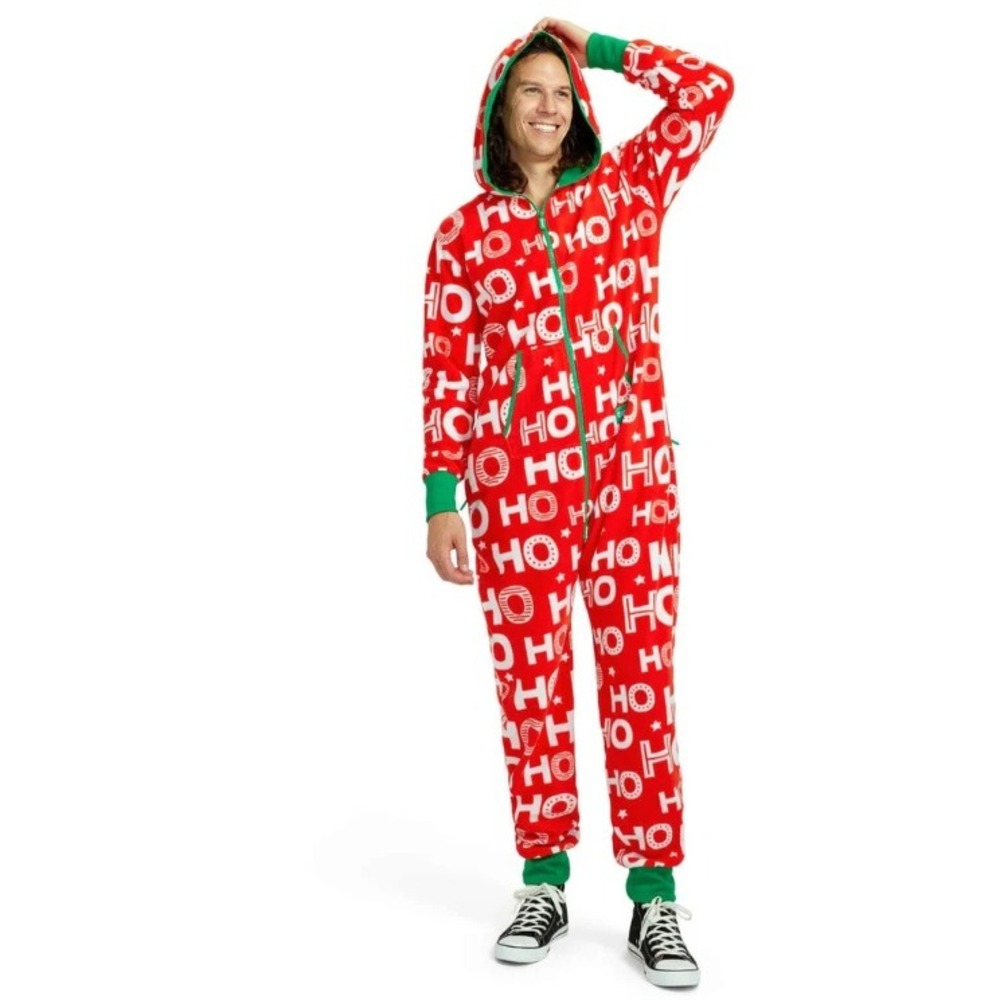 Tipsy Elves Ho Ho Ho Jumpsuit‎ Mens L Red Green Fleece Hooded Zip Cozy Holiday